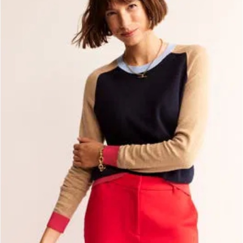 Boden Meg Saddle Sleeve Sweater Blue/Brown/Red Size M Cotton & Cashmere - Picture 6 of 6